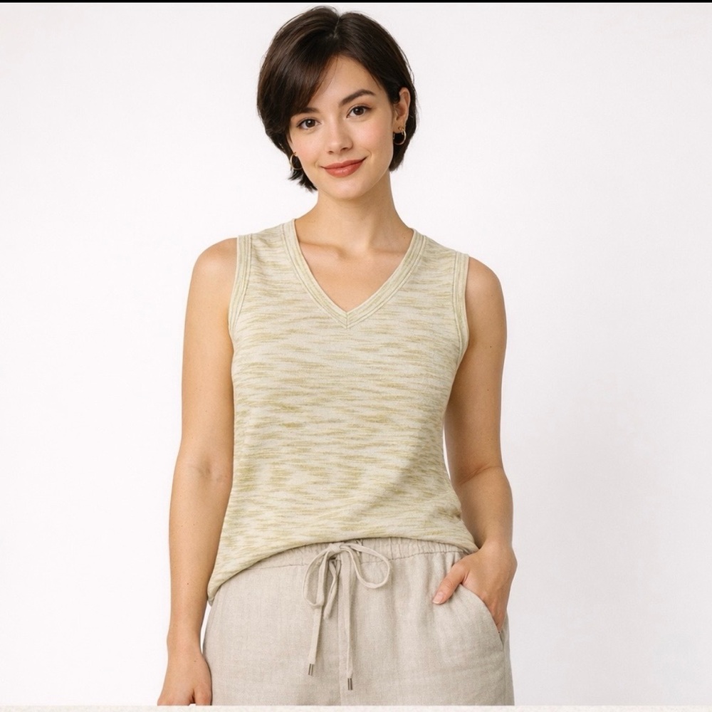 Vintage Kasper Marled Knit Tank Top Cream Green V-Neck Petite 10P Minimalist